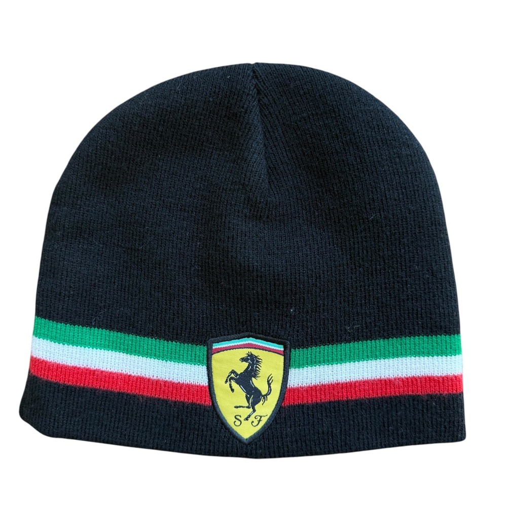 Ferrari Scuderia Mens Beanie Black Italian Flag Stripe Knit Hat Official Product